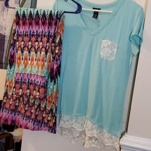 A light turquoise top with a colorful BOHO skirt